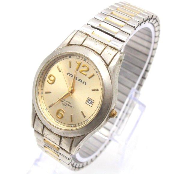 Vintage MILAN Watch Mens Silver Tone Stainless Steel Gold Dial Date Quartz - Picture 1 of 8